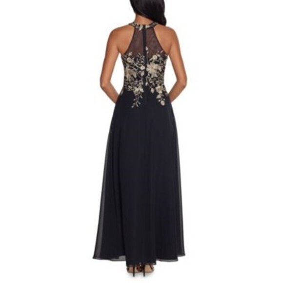 Betsy & Adam Womens Size Petite 4P Navy Long Embroidered Halter Chiffon Gown NEW - Picture 2 of 4